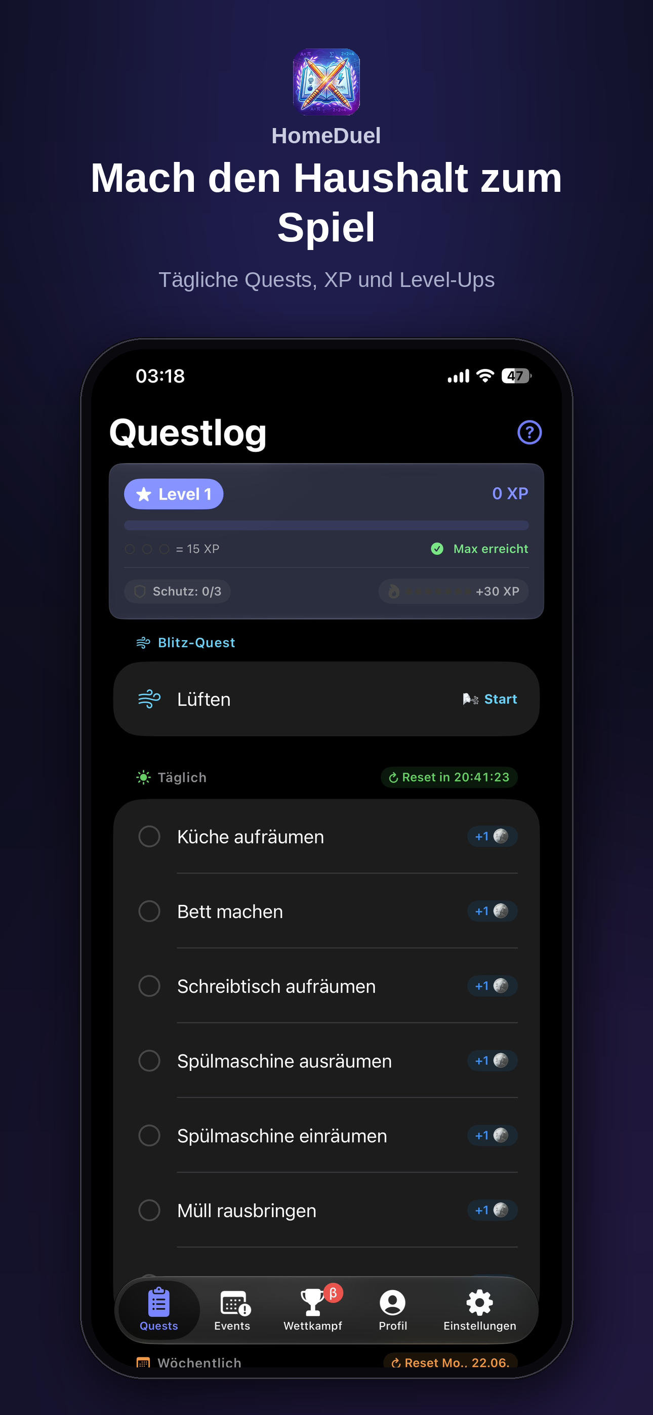 HomeDuel Questlog mit täglichen Aufgaben